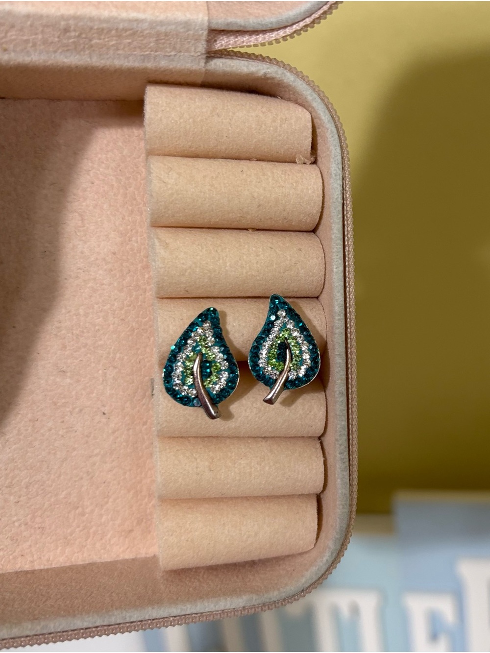 925 Plata fina mexican silver - Green Leaf Crystal Stud Earrings - Women Jewelry
